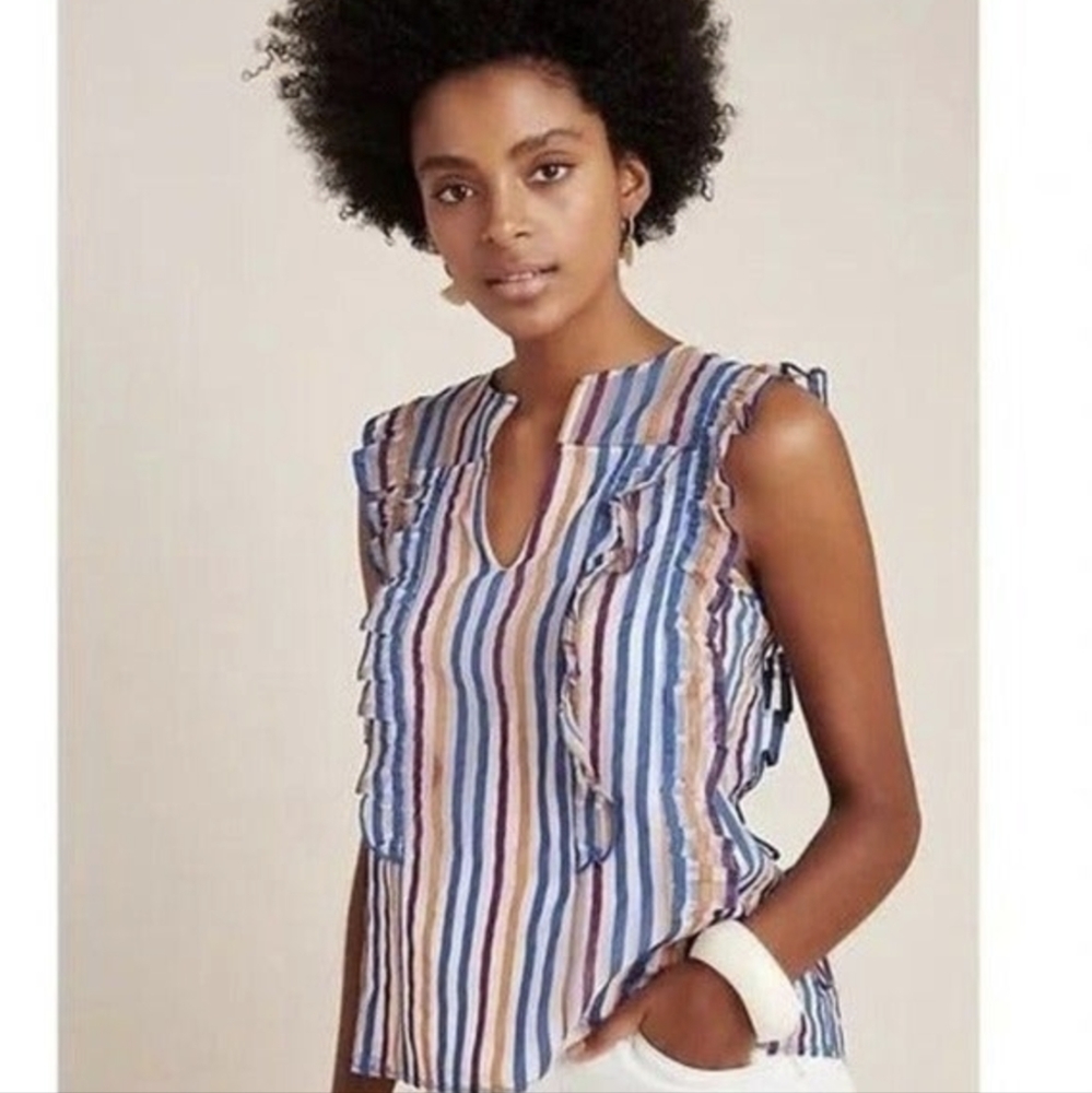 Maeve Anthropologie sz 6 Elisabetta Ruffled Sleeve Semi Sheer Top